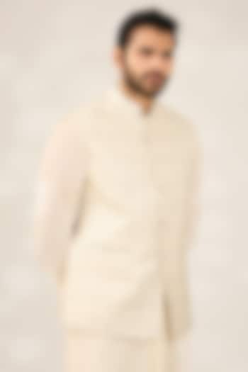 Off-White Blended Silk Brocade Nehru Jacket by Ashish N Soni Men