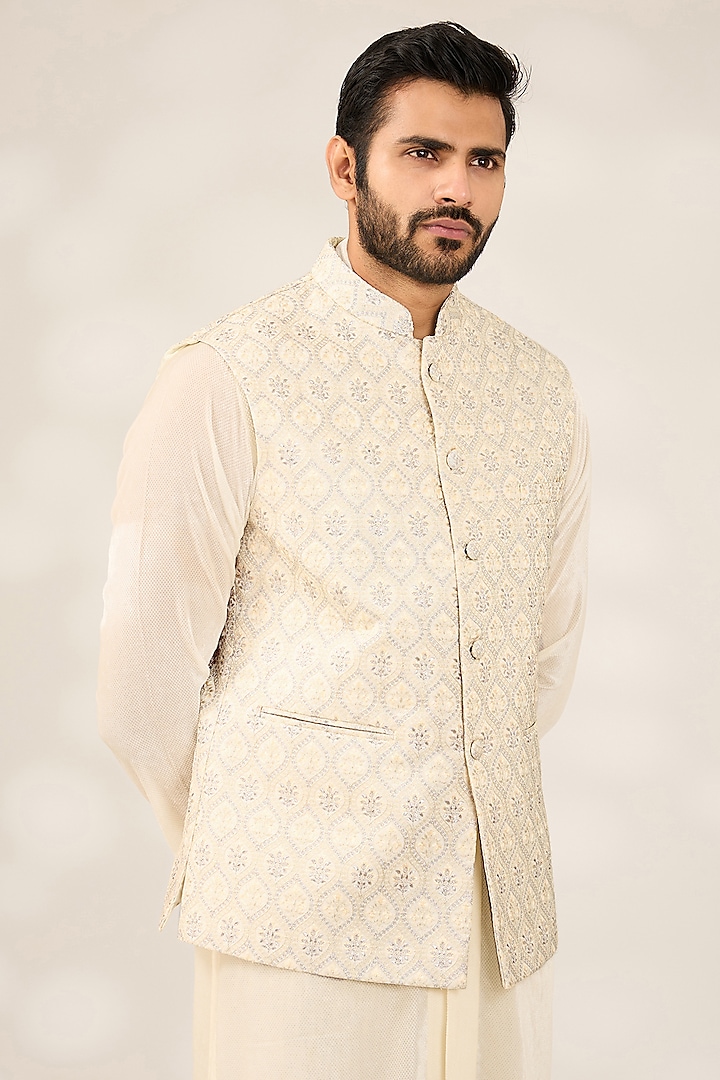 Off-White Blended Silk Brocade Nehru Jacket by Ashish N Soni Men at Pernia's Pop Up Shop