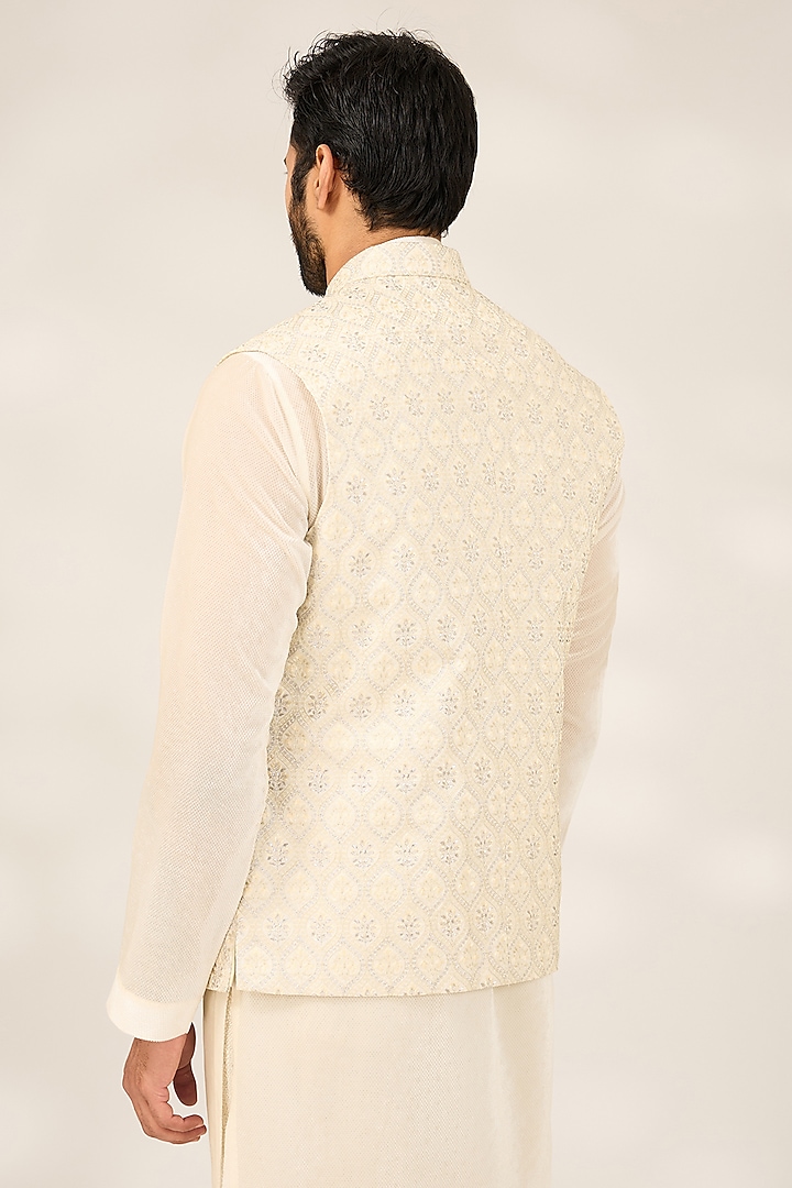 Off-White Blended Silk Brocade Nehru Jacket by Ashish N Soni Men at Pernia's Pop Up Shop