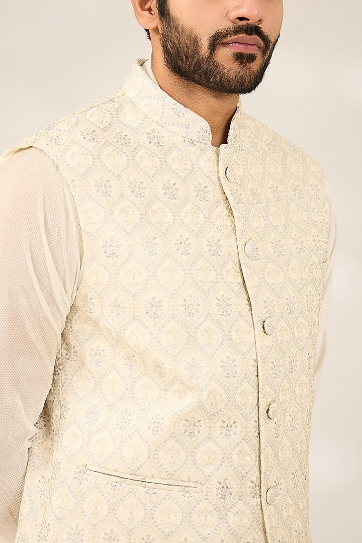 Off-White Blended Silk Brocade Nehru Jacket by Ashish N Soni Men at Pernia's Pop Up Shop