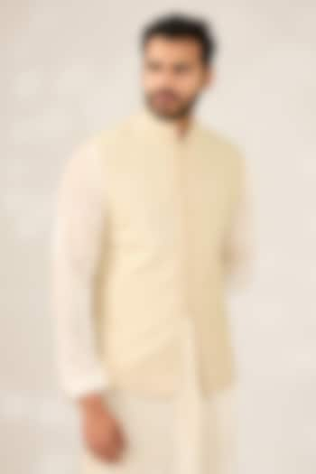 Cream Cotton Silk Self Embroidered Brocade Nehru Jacket by Ashish N Soni Men