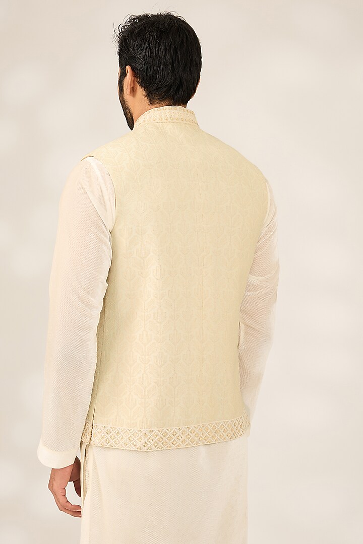 Cream Cotton Silk Self Embroidered Brocade Nehru Jacket by Ashish N Soni Men at Pernia's Pop Up Shop
