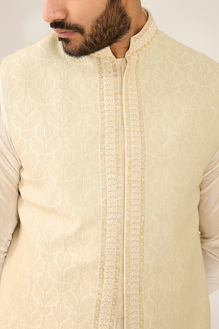 Cream Cotton Silk Self Embroidered Brocade Nehru Jacket by Ashish N Soni Men at Pernia's Pop Up Shop