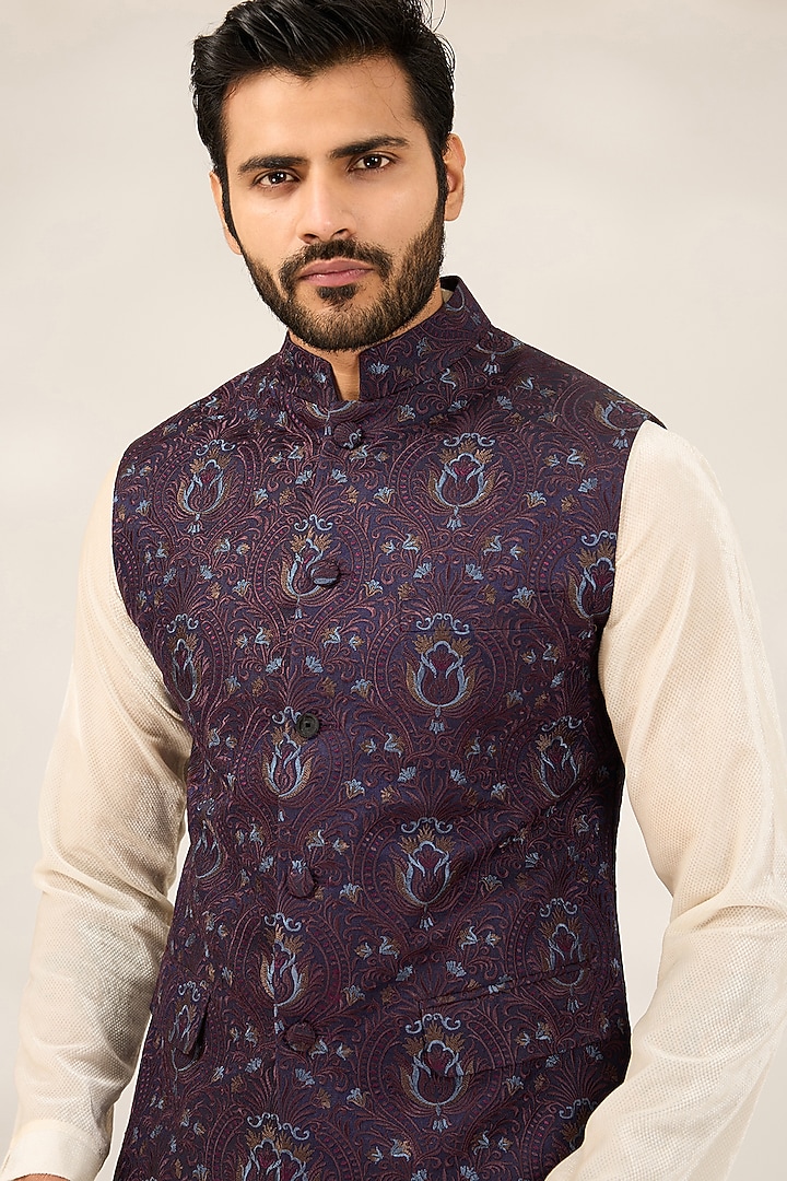 Purple Cotton Silk Blend Brocade Nehru Jacket by Ashish N Soni Men at Pernia's Pop Up Shop