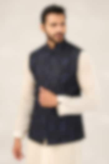 Indigo Blue & Black Jacquard Silk Floral Nehru Jacket by Ashish N Soni Men at Pernia's Pop Up Shop