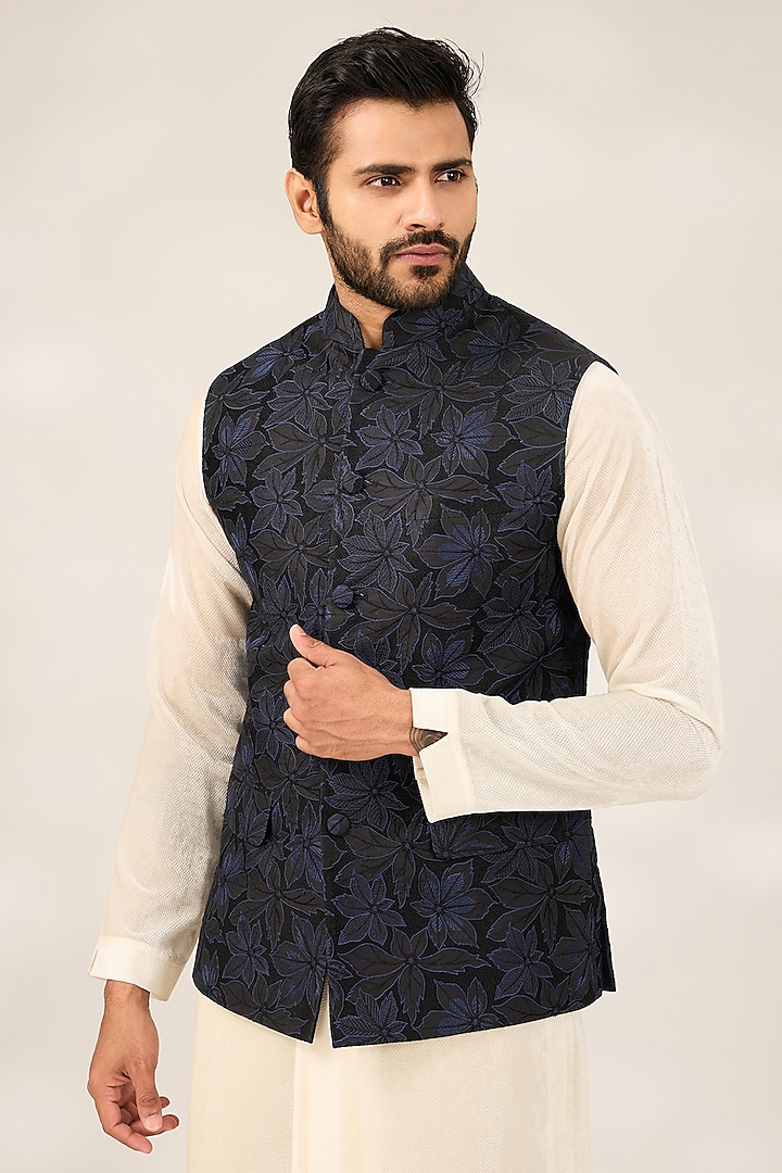 Indigo Blue & Black Jacquard Silk Floral Nehru Jacket by Ashish N Soni Men at Pernia's Pop Up Shop