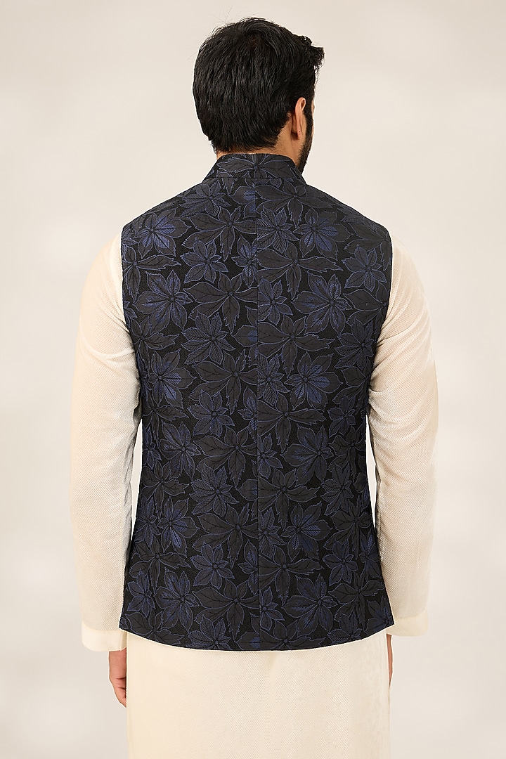Indigo Blue & Black Jacquard Silk Floral Nehru Jacket by Ashish N Soni Men at Pernia's Pop Up Shop