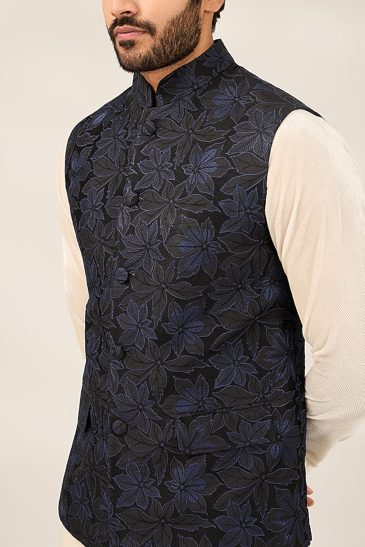 Indigo Blue & Black Jacquard Silk Floral Nehru Jacket by Ashish N Soni Men at Pernia's Pop Up Shop