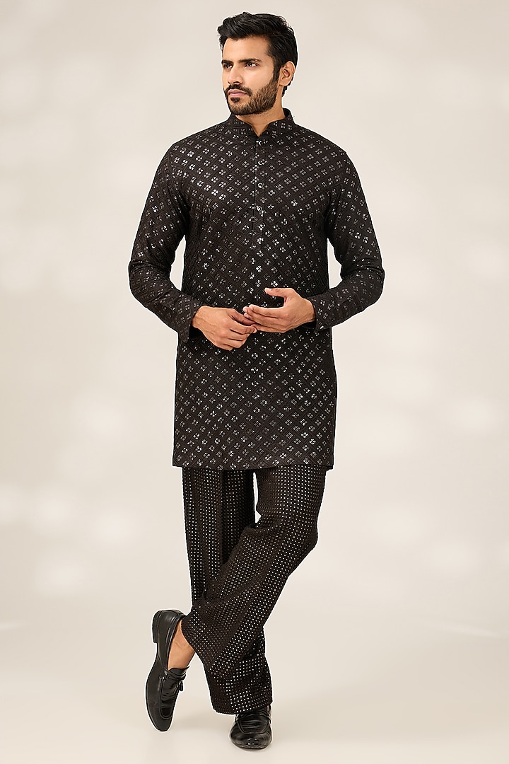 Black Polyester Silk Sequins Embroidered Kurta Set by Ashish N Soni Men