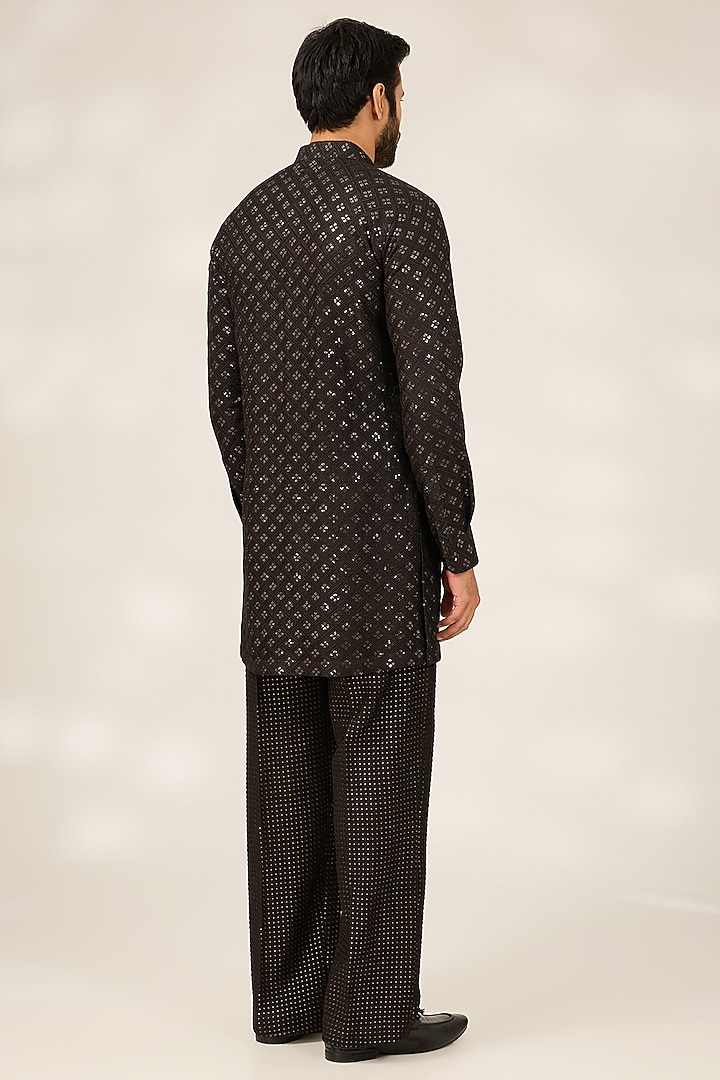 Black Polyester Silk Sequins Embroidered Kurta Set by Ashish N Soni Men at Pernia's Pop Up Shop