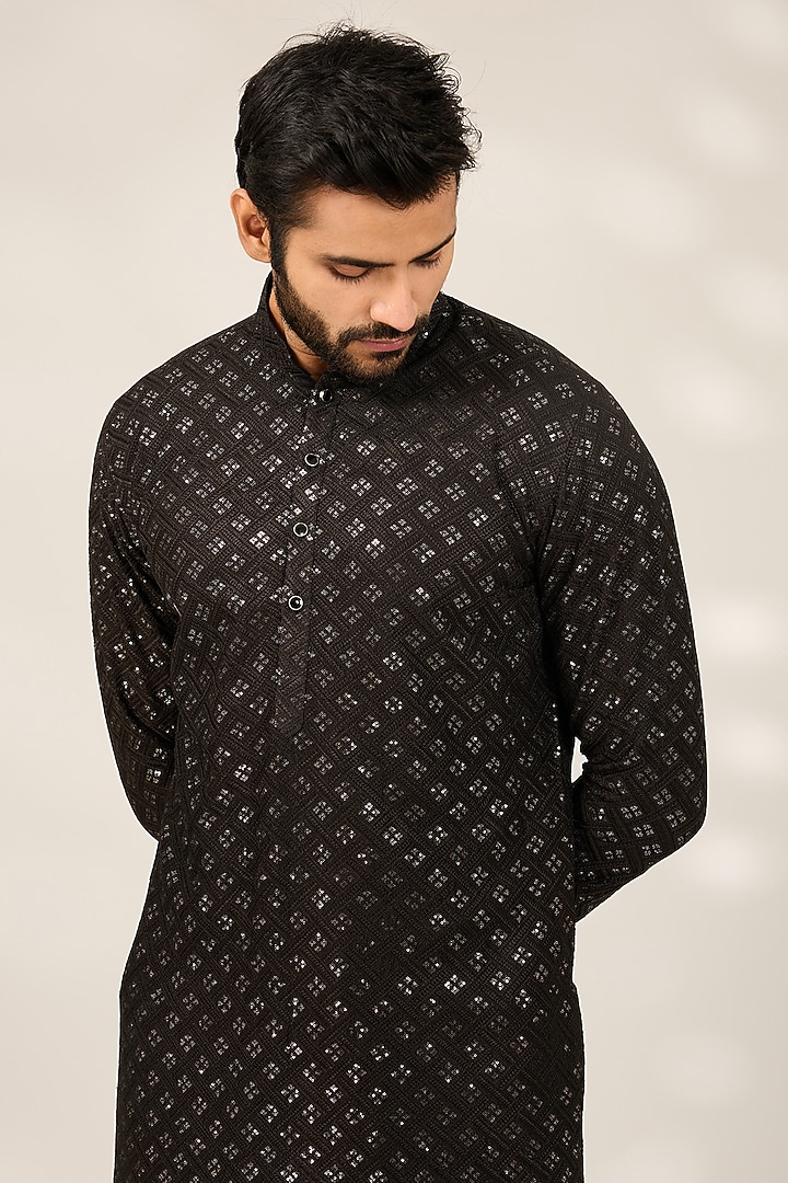 Black Polyester Silk Sequins Embroidered Kurta Set by Ashish N Soni Men at Pernia's Pop Up Shop