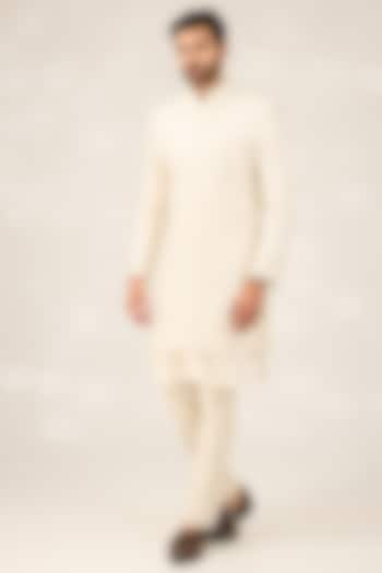 White Silk Hand Embroidered Achkan Jacket Set by Ashish N Soni Men