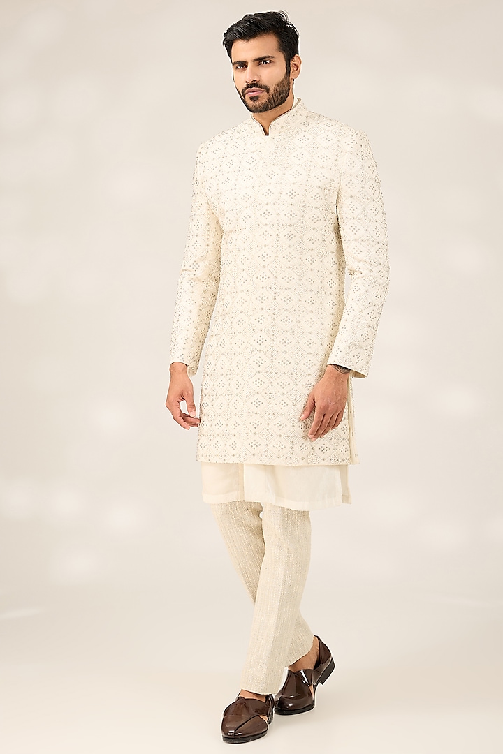 White Silk Hand Embroidered Achkan Jacket Set by Ashish N Soni Men