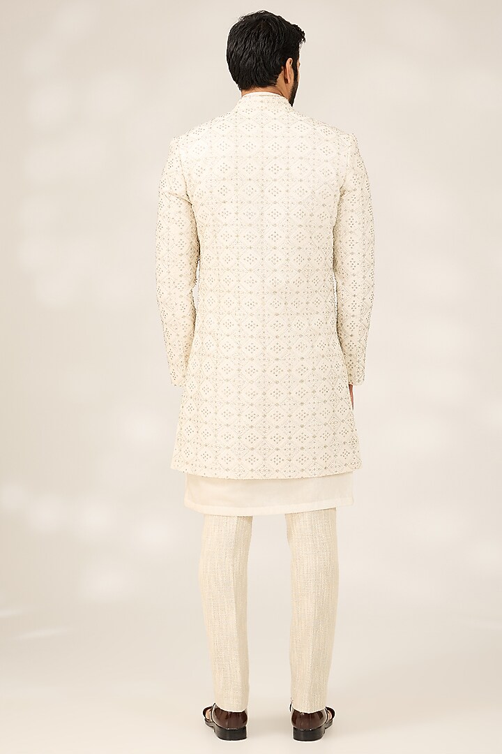 White Silk Hand Embroidered Achkan Jacket Set by Ashish N Soni Men at Pernia's Pop Up Shop