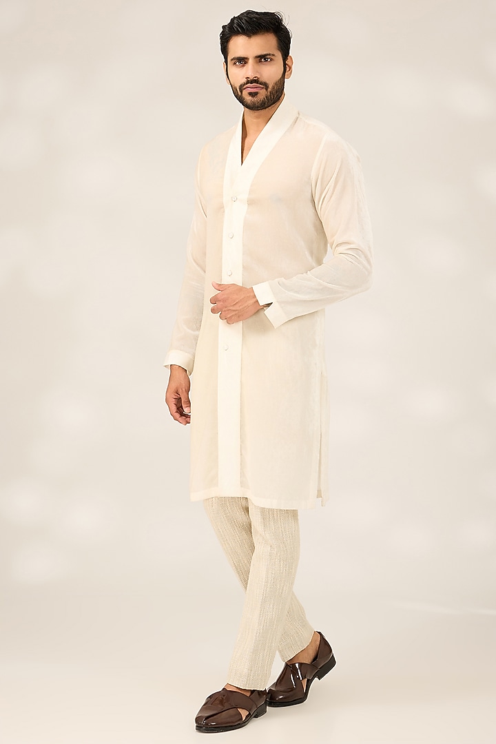 White Silk Hand Embroidered Achkan Jacket Set by Ashish N Soni Men at Pernia's Pop Up Shop