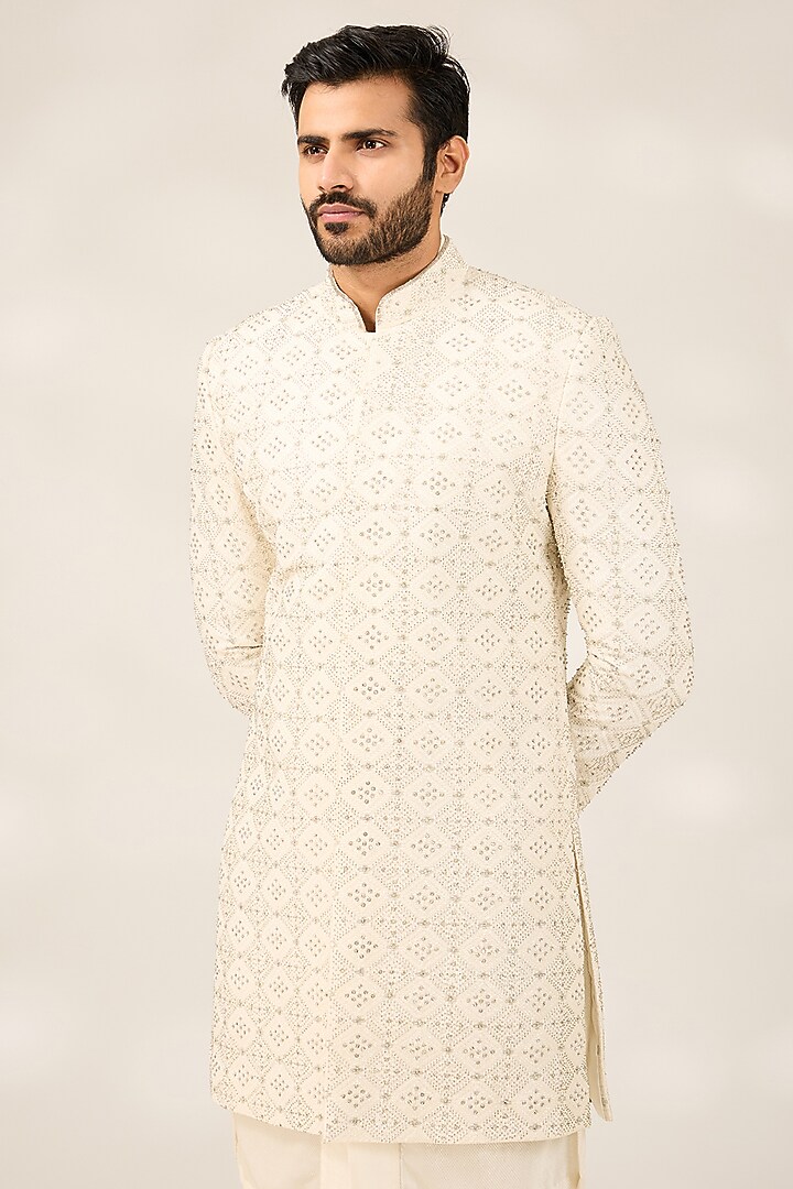 White Silk Hand Embroidered Achkan Jacket Set by Ashish N Soni Men at Pernia's Pop Up Shop
