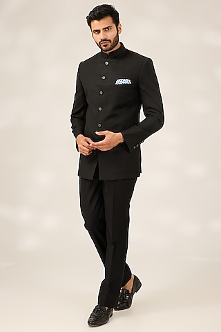 Black Blended Poly Wool Bandhgala Set by Ashish N Soni Men