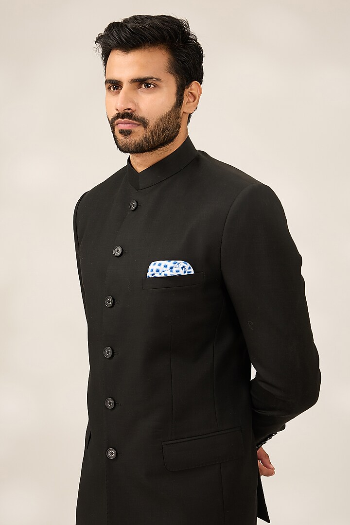 Black Blended Poly Wool Wedding Bandhgala Set by Ashish N Soni Men at Pernia's Pop Up Shop