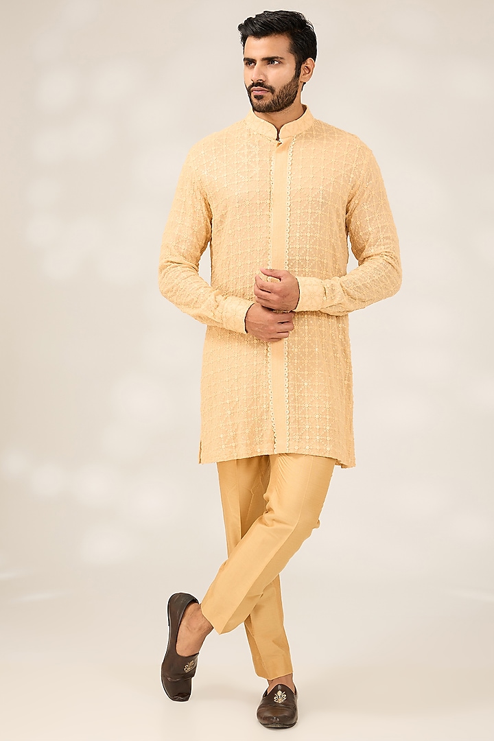 Peach Georgette Kurta Set by Ashish N Soni Men