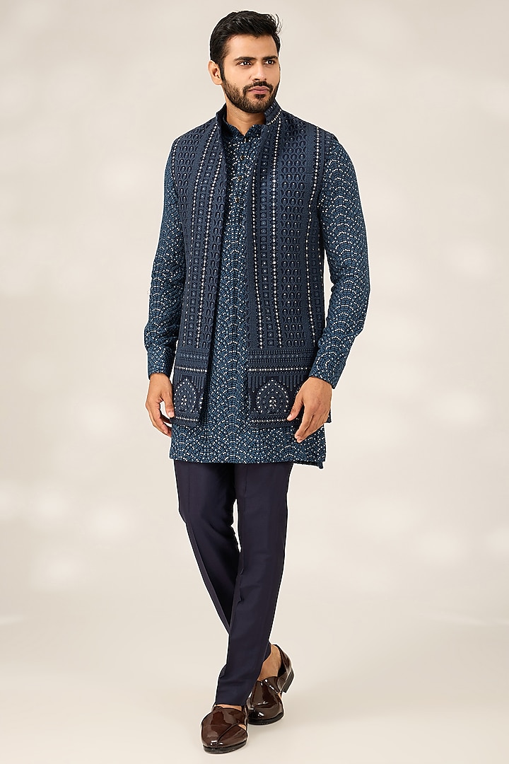 Blue Georgette Self Embroidered Nehru Jacket Set by Ashish N Soni Men