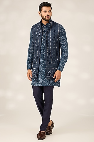 Blue Georgette Self Embroidered Nehru Jacket Set by Ashish N Soni Men