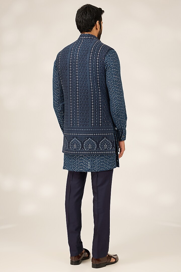 Blue Georgette Self Embroidered Nehru Jacket Set by Ashish N Soni Men at Pernia's Pop Up Shop