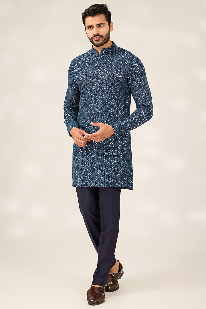 Blue Georgette Self Embroidered Nehru Jacket Set by Ashish N Soni Men at Pernia's Pop Up Shop