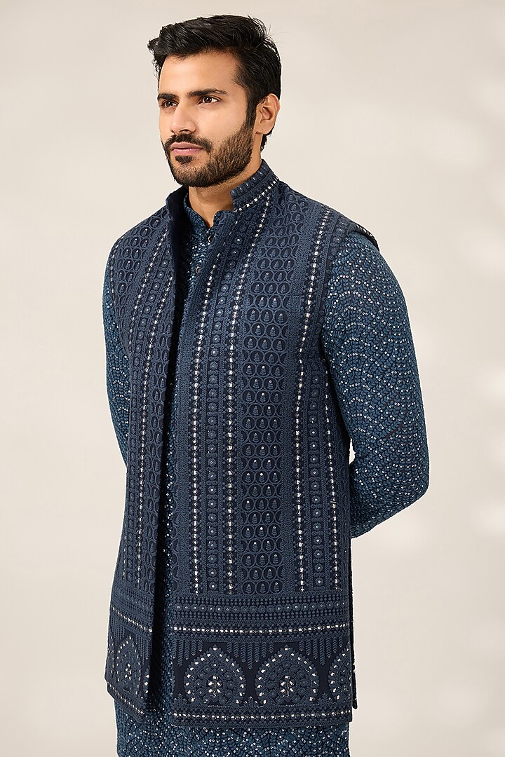 Blue Georgette Self Embroidered Nehru Jacket Set by Ashish N Soni Men at Pernia's Pop Up Shop