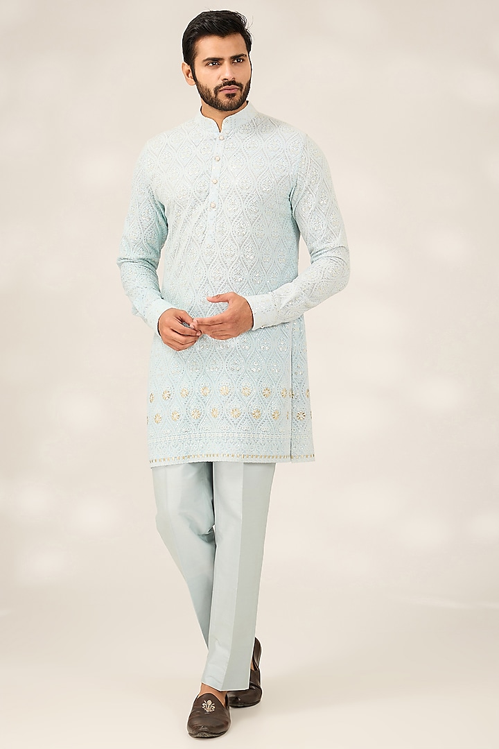 Blue Georgette Sequins Embroidered Kurta by Ashish N Soni Men