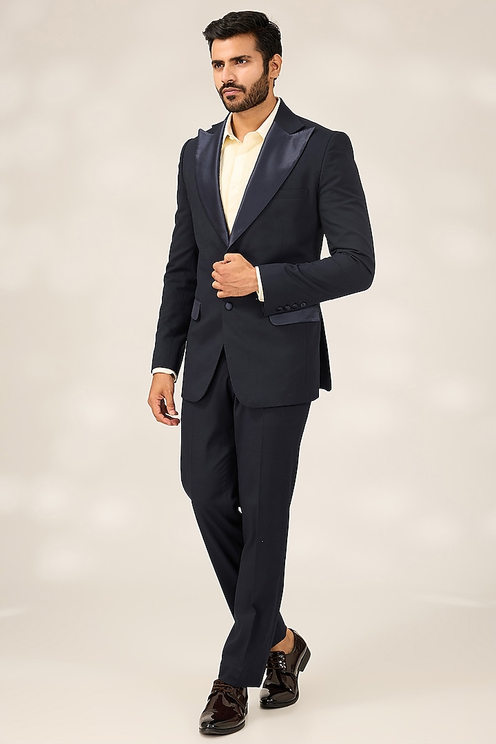 Navy Blue Polyester Tuxedo Set by Ashish N Soni Men