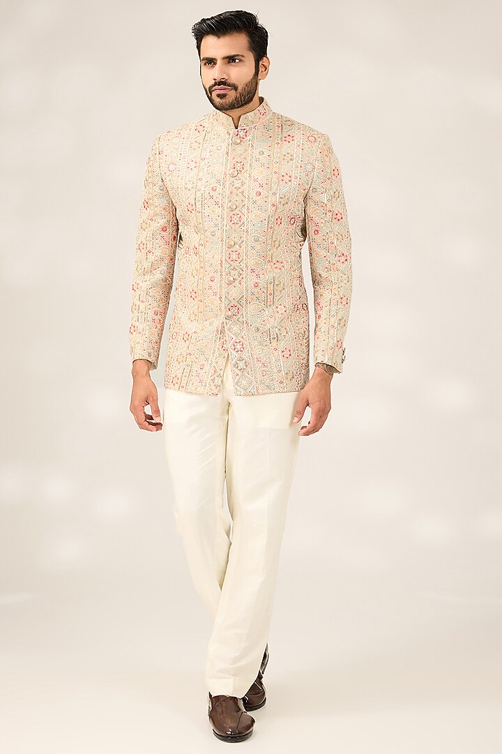 Cream Georgette Thread Embroidered Wedding Bandhgala Jacket by Ashish N Soni Men at Pernia's Pop Up Shop