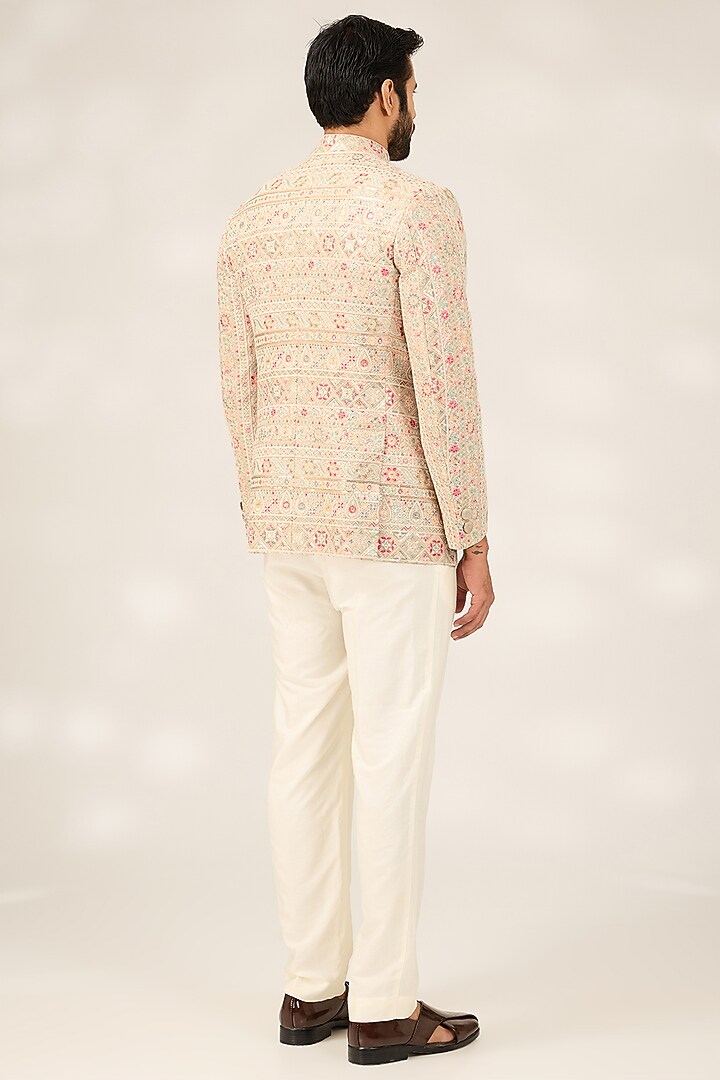 Cream Georgette Thread Embroidered Wedding Bandhgala Jacket by Ashish N Soni Men at Pernia's Pop Up Shop
