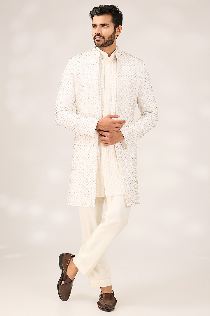 White Silk Blend Sequins Bead Embroidered Achkan Jacket Set by Ashish N Soni Men