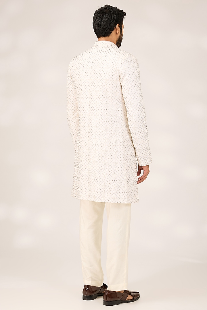 White Silk Blend Sequins Bead Embroidered Achkan Jacket Set by Ashish N Soni Men at Pernia's Pop Up Shop