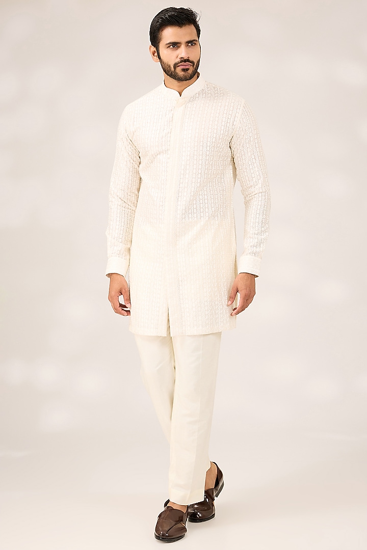 White Silk Blend Sequins Bead Embroidered Achkan Jacket Set by Ashish N Soni Men at Pernia's Pop Up Shop