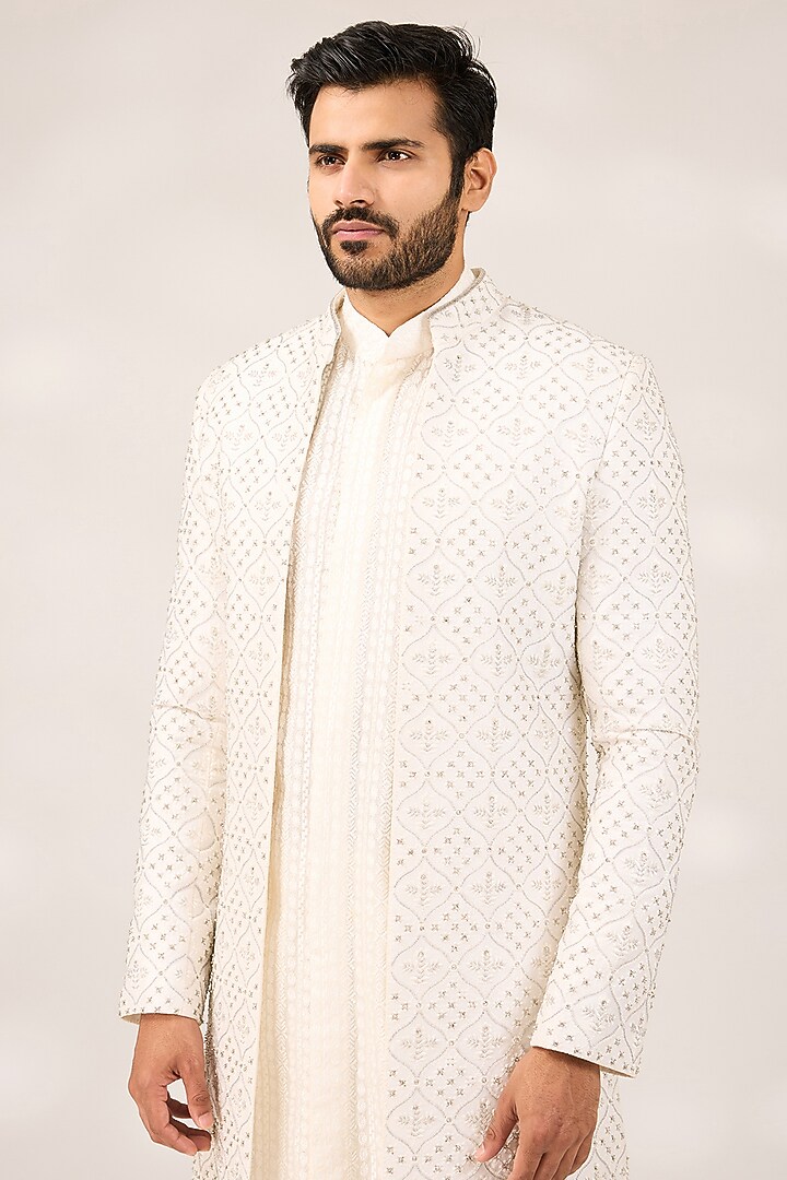 White Silk Blend Sequins Bead Embroidered Achkan Jacket Set by Ashish N Soni Men at Pernia's Pop Up Shop