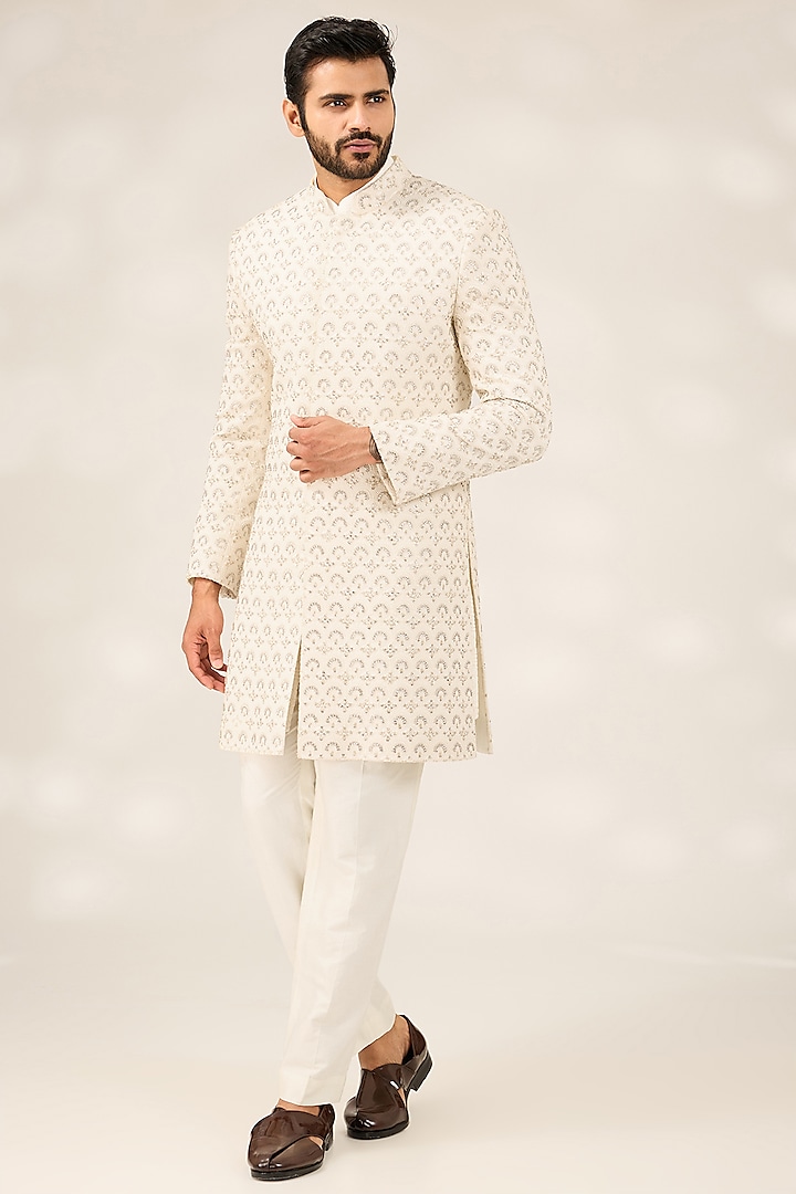 Ivory Georgette Embroidered Sherwani Set by Ashish N Soni Men