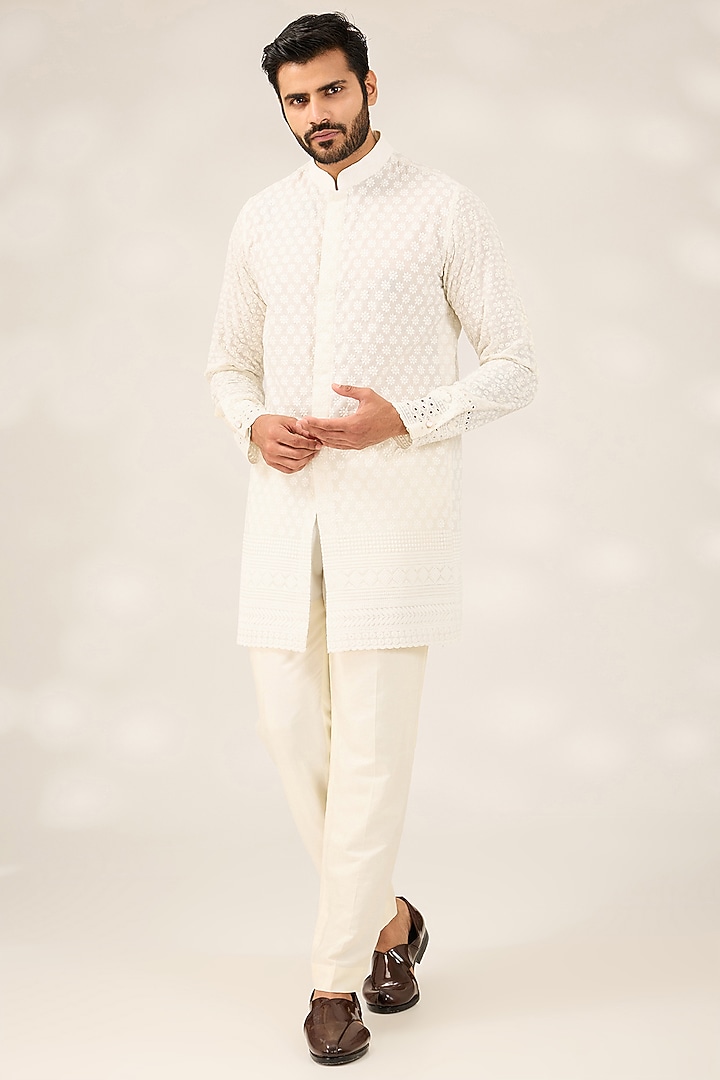 Ivory Georgette Embroidered Groom Sherwani Set by Ashish N Soni Men at Pernia's Pop Up Shop