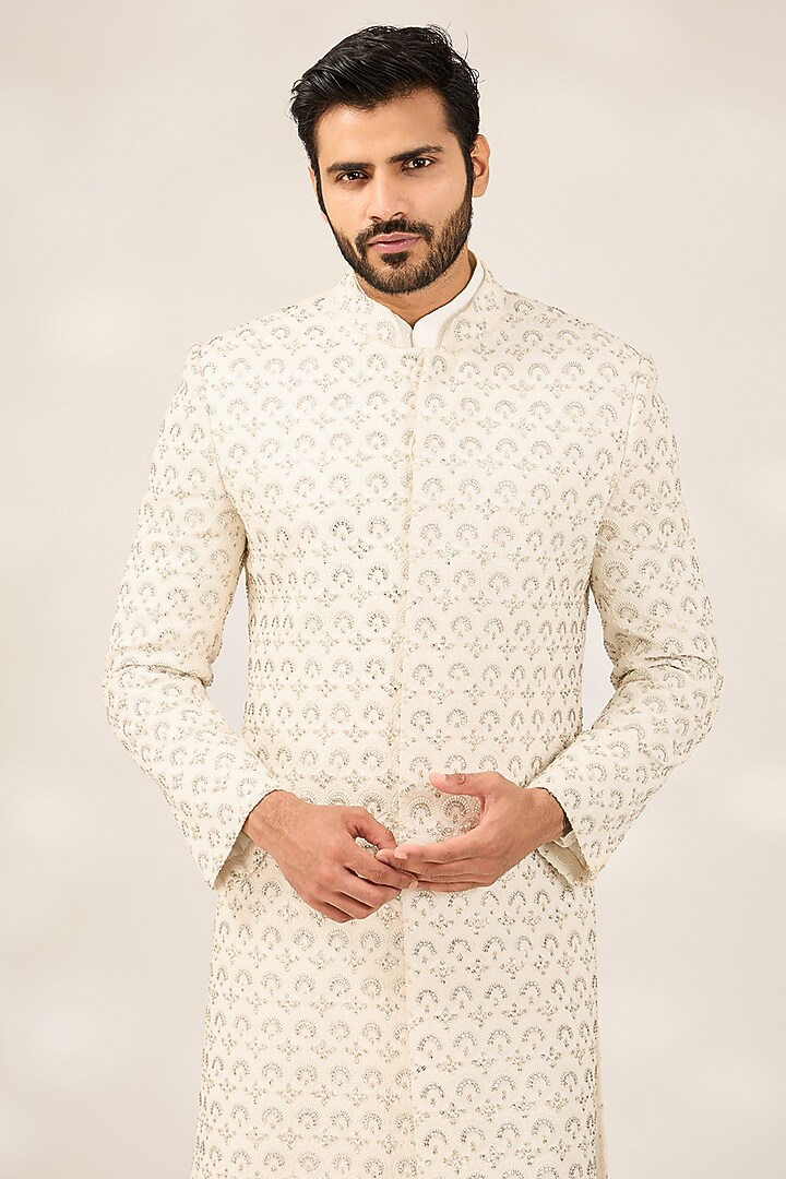 Ivory Georgette Embroidered Groom Sherwani Set by Ashish N Soni Men at Pernia's Pop Up Shop