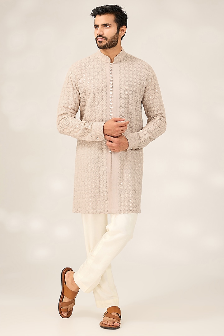 Cement Green Georgette Kurta Set by Ashish N Soni Men