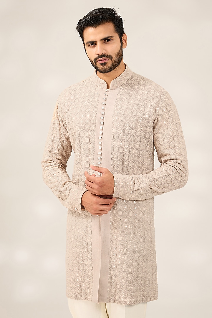 Cement Green Georgette Kurta Set by Ashish N Soni Men at Pernia's Pop Up Shop
