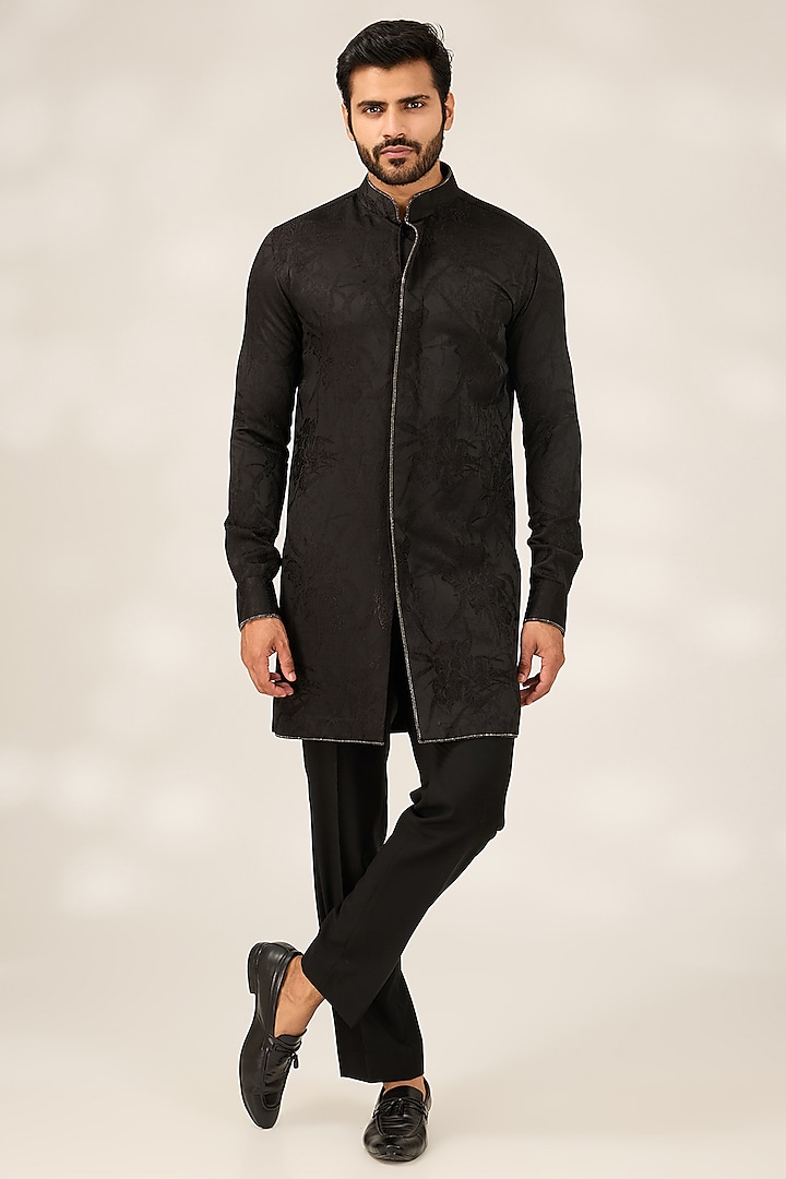 Black Polyester Viscose Kurta Set by Ashish N Soni Men