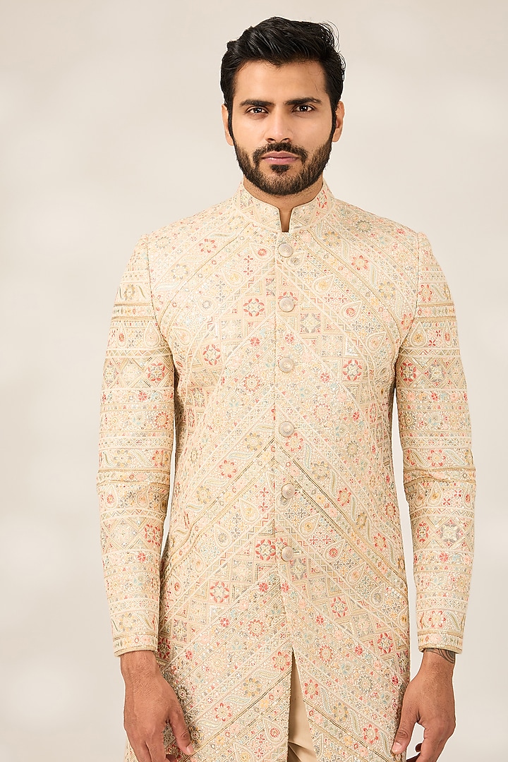 Cream Georgette Embroidered Groom Sherwani Set by Ashish N Soni Men at Pernia's Pop Up Shop