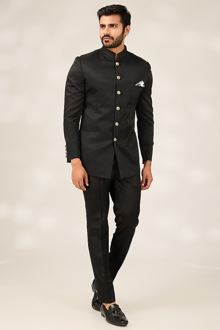 Black Italian Silk Bandhgala Set by Ashish N Soni Men at Pernia's Pop Up Shop