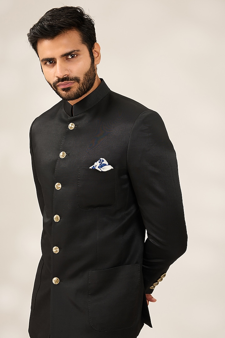 Black Italian Silk Groom Bandhgala Set by Ashish N Soni Men at Pernia's Pop Up Shop