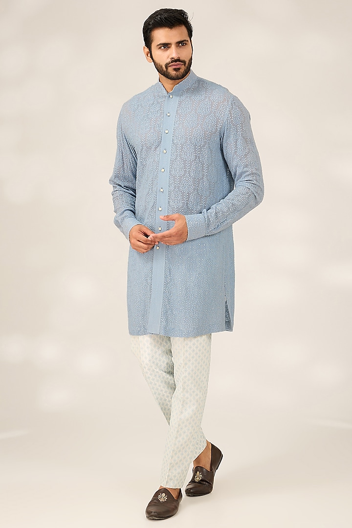 Blue Georgette Sequins Work Kurta Set by Ashish N Soni Men