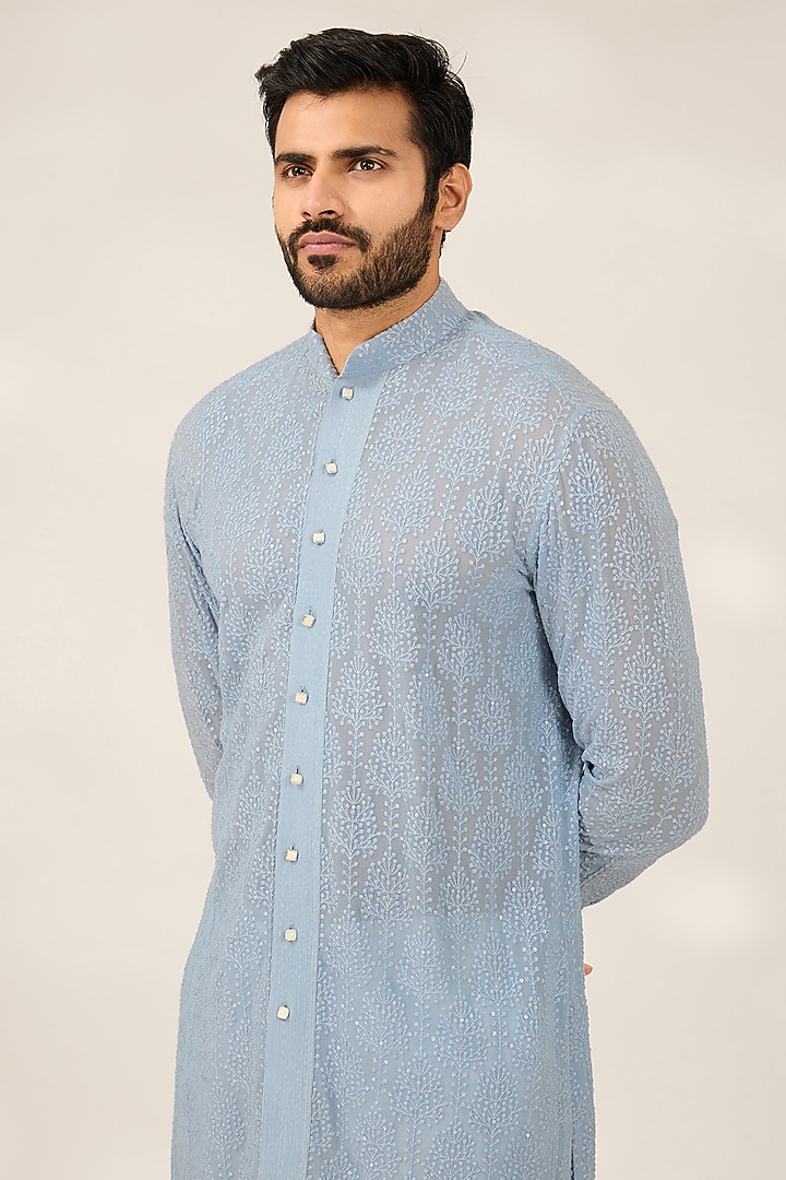 Blue Georgette Sequins Work Kurta Set by Ashish N Soni Men at Pernia's Pop Up Shop
