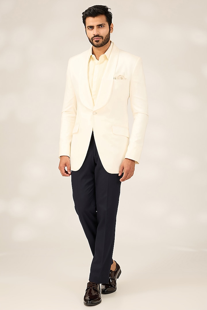 Ivory Blended Poly Wool Tuxedo Jacket by Ashish N Soni Men