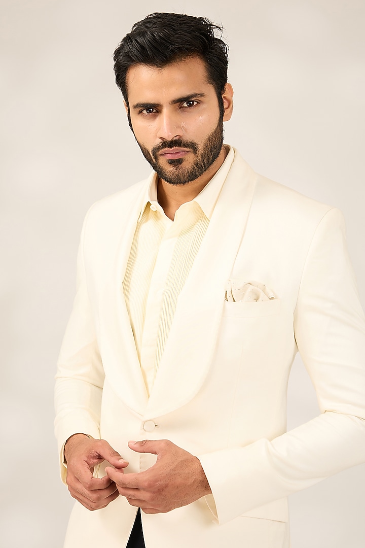 Ivory Blended Poly Wool Tuxedo Jacket by Ashish N Soni Men at Pernia's Pop Up Shop