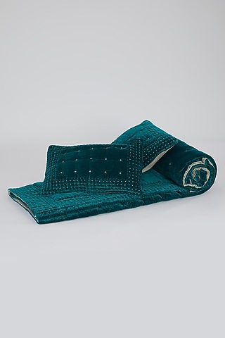 Sea Blue Velvet Cotton Kantha Embroidered Bedspread Set by Astam by Astam sutra